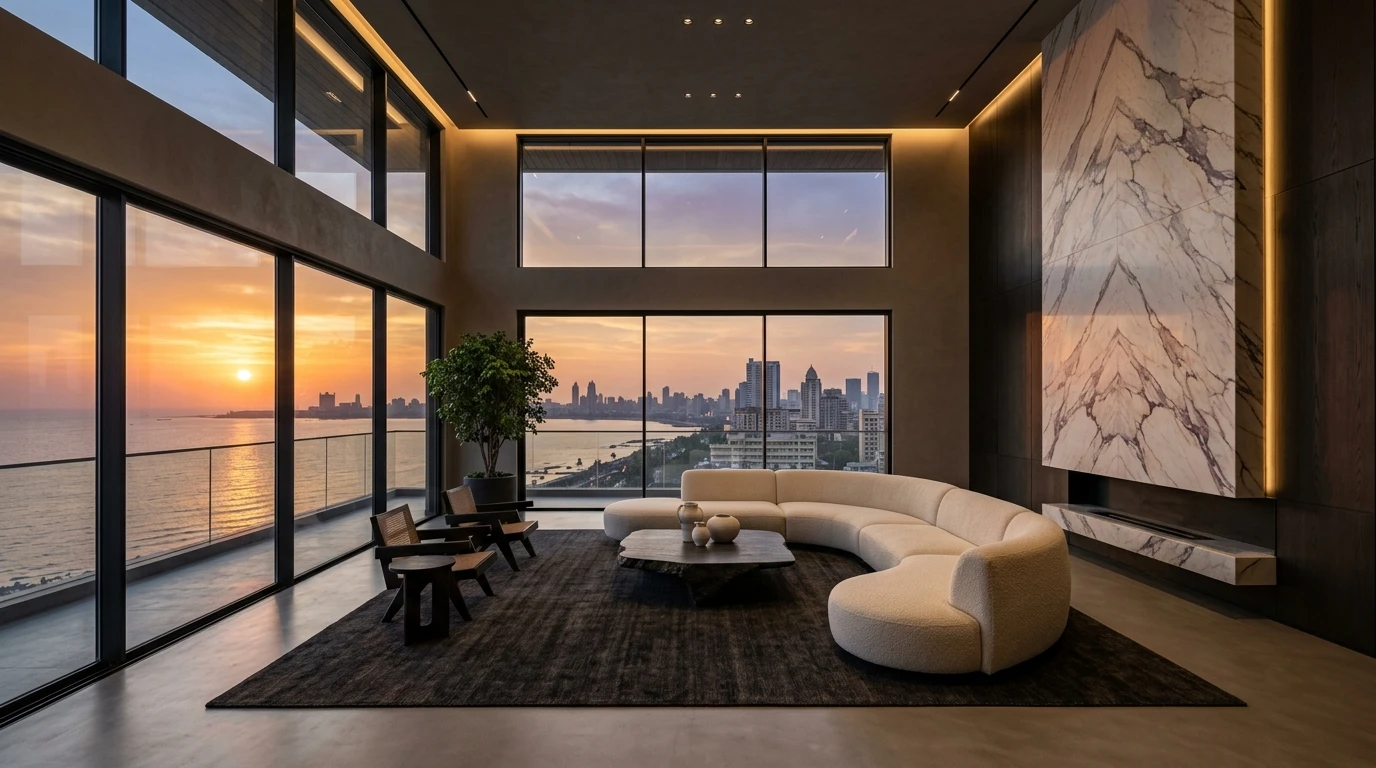 Completed Mumbai luxury living room with warm cove lighting and matte finishes