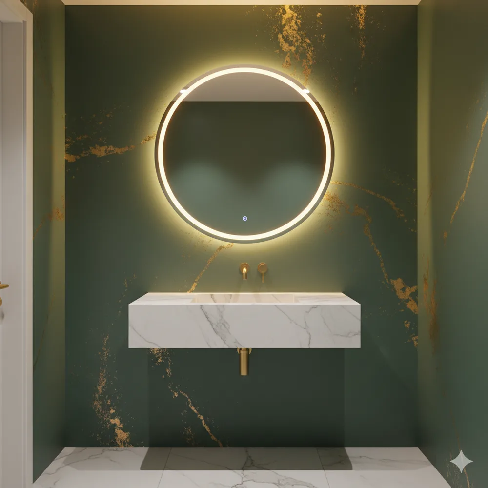 Contemporary Gray Stone Bathroom with Backlit Vanity