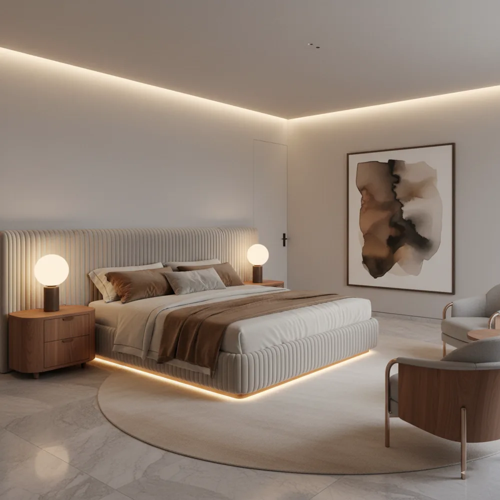 Warm Japandi Master Bedroom with Floating Platform Bed - Powai, Mumbai Turnkey Interior Design