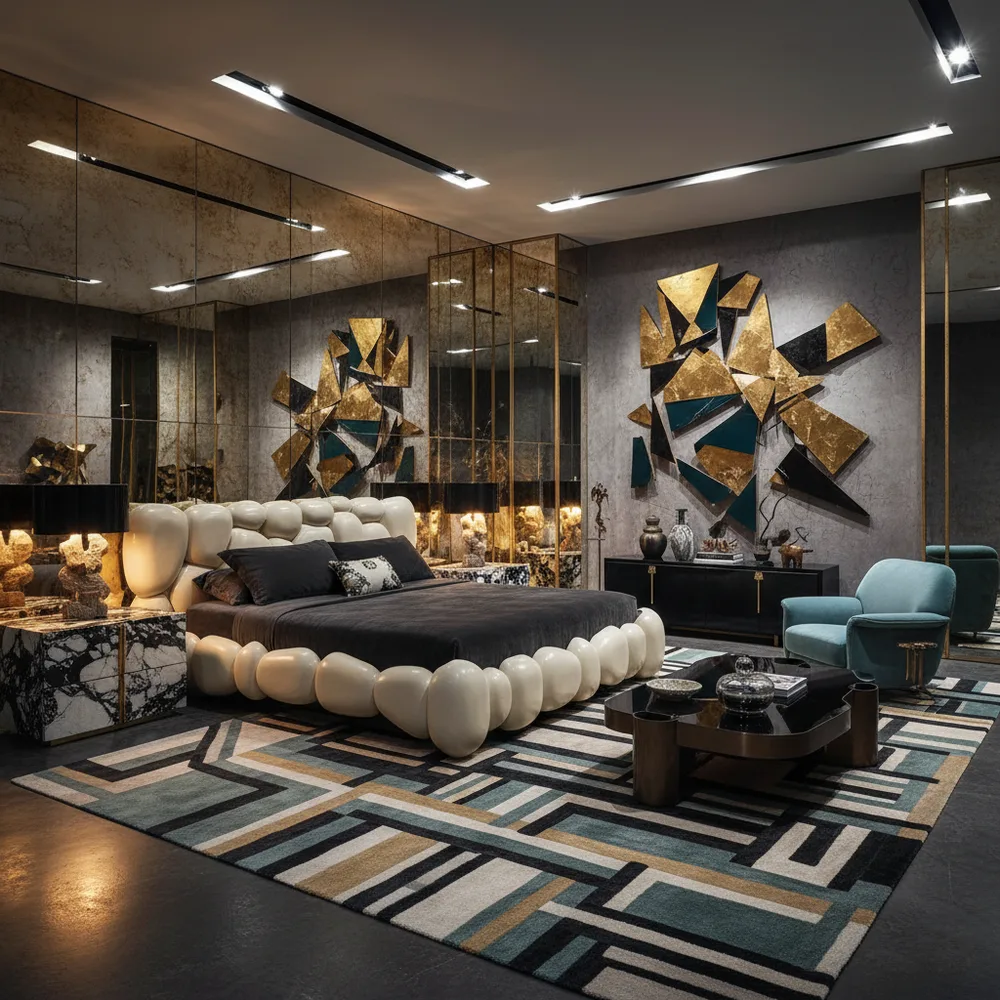 Ultra-Luxurious Master Bedroom with Tufted Velvet Wall