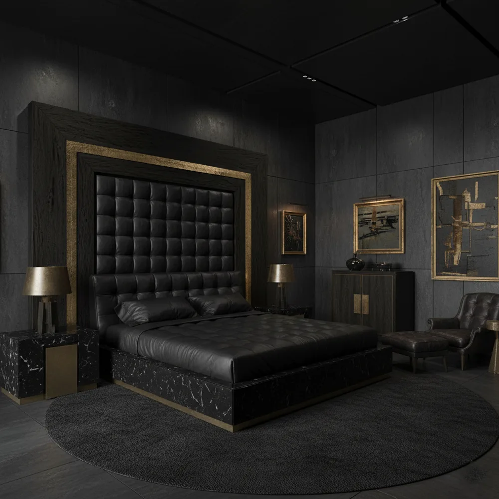 Moody Dark-Theme Bedroom with Charcoal Acoustic Louvers
