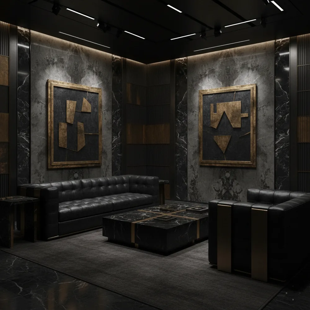 Dark Luxe Living Lounge with Linear Fireplace & Marble Feature - Worli, South Mumbai Turnkey Interior Design