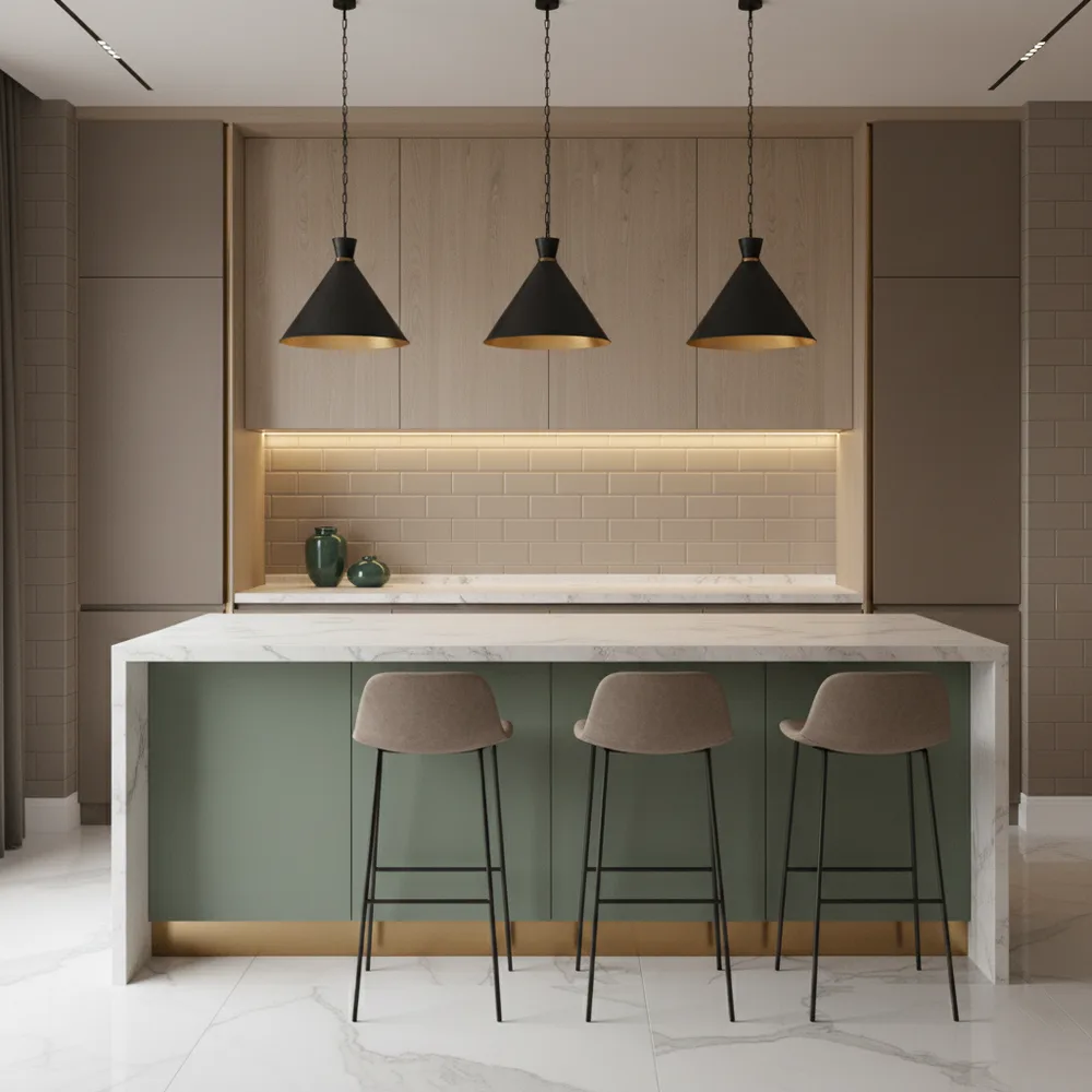 Luxury Island Modular Kitchen with Calacatta Quartz Counter - Powai, Mumbai Turnkey Interior Design