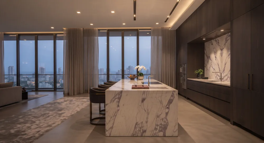 Mahalaxmi Racecourse View Sky Villa Kitchen with Calacatta Viola Waterfall Island - Mahalaxmi / Lower Parel, South Mumbai Turnkey Interior Design