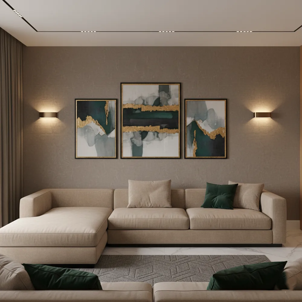 Warm Modern Living Room with Teak Paneling & Linear Glow - Borivali East, Mumbai Turnkey Interior Design