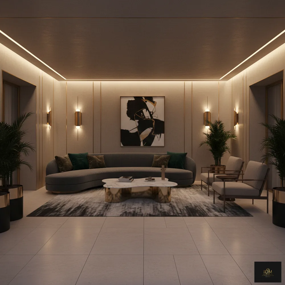 Ambient Night Living Lounge with Golden Cove Glow & Slatted Wall - Lower Parel, Mumbai Turnkey Interior Design