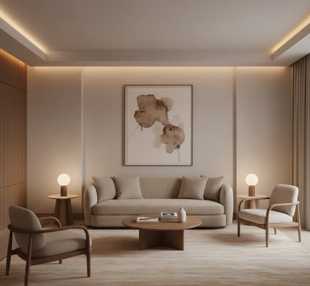 Minimalist Japandi Living Room with Curved Bouclé Furniture - Bhandup / Kanjurmarg, Mumbai Turnkey Interior Design