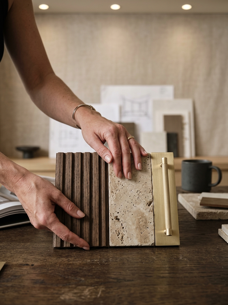 Designer reviewing material samples at a table — walnut veneer swatch next to travertine tile