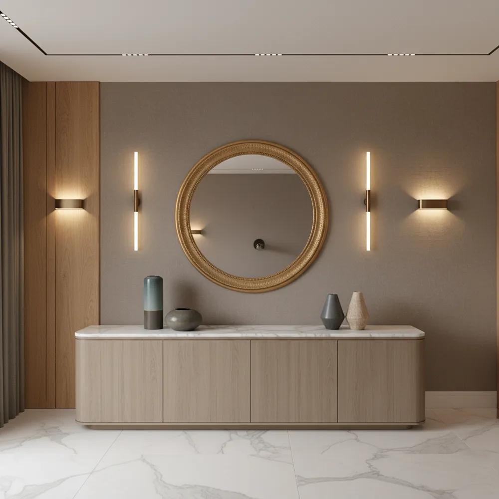 Custom Foyer Console Chest & Statement Mirror Wall - Malad West, Mumbai Turnkey Interior Design