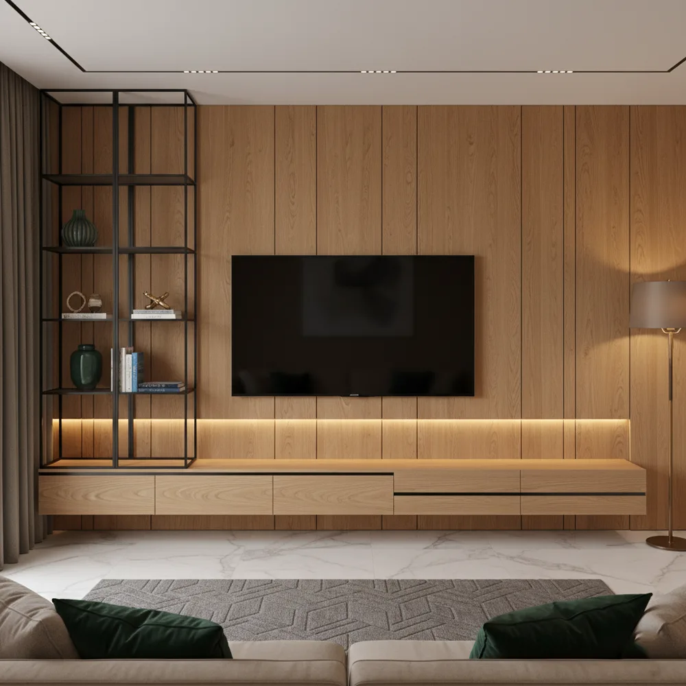 Floating Minimalist TV Console with Statuario Marble Accent - Oshiwara, Mumbai Turnkey Interior Design