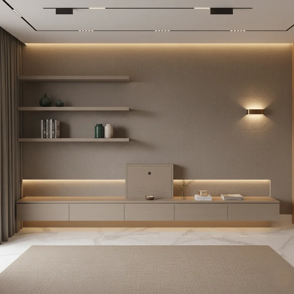 Floating Fluted Charcoal TV Unit with Warm LED Backlight - Andheri West, Mumbai Turnkey Interior Design