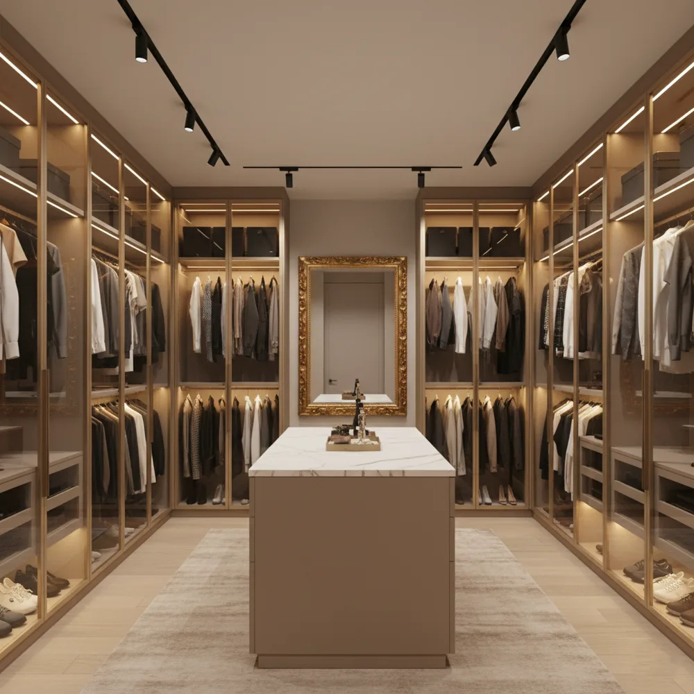 Luxury Walk-In Glass Closet with Island Jewelry Showcase - Altamount Road, South Mumbai Turnkey Interior Design